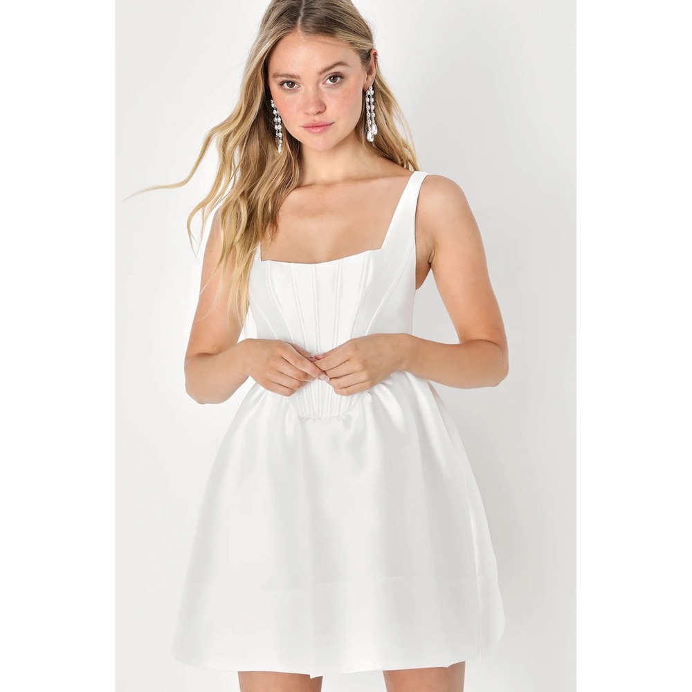 Lulus Bubbly Love White Satin Corset Mini Dress Square Neck Skater Fit and Flare